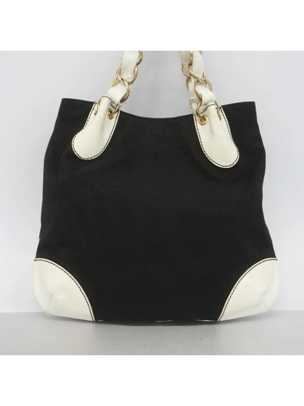 Chanel Chain Tote Leather Canvas Black Champagne Gold
